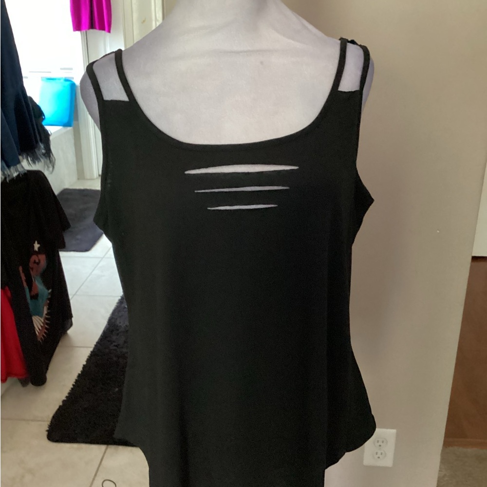 Women's Black Double-Strap Distressed Tank Top